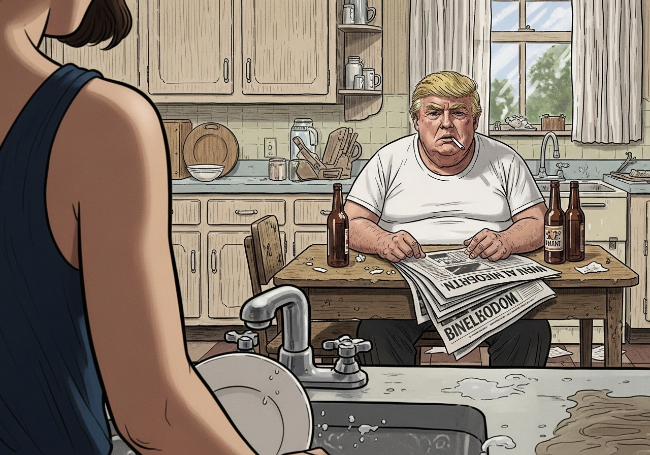 Political cartoon depicting a man resembling Donald Trump sitting at a messy kitchen table while a woman washes dishes.
