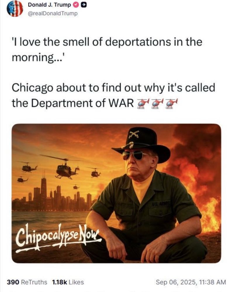 A political graphic depicting a military figure against a backdrop of Chicago on fire, with the text 'Chipocalypse Now'.